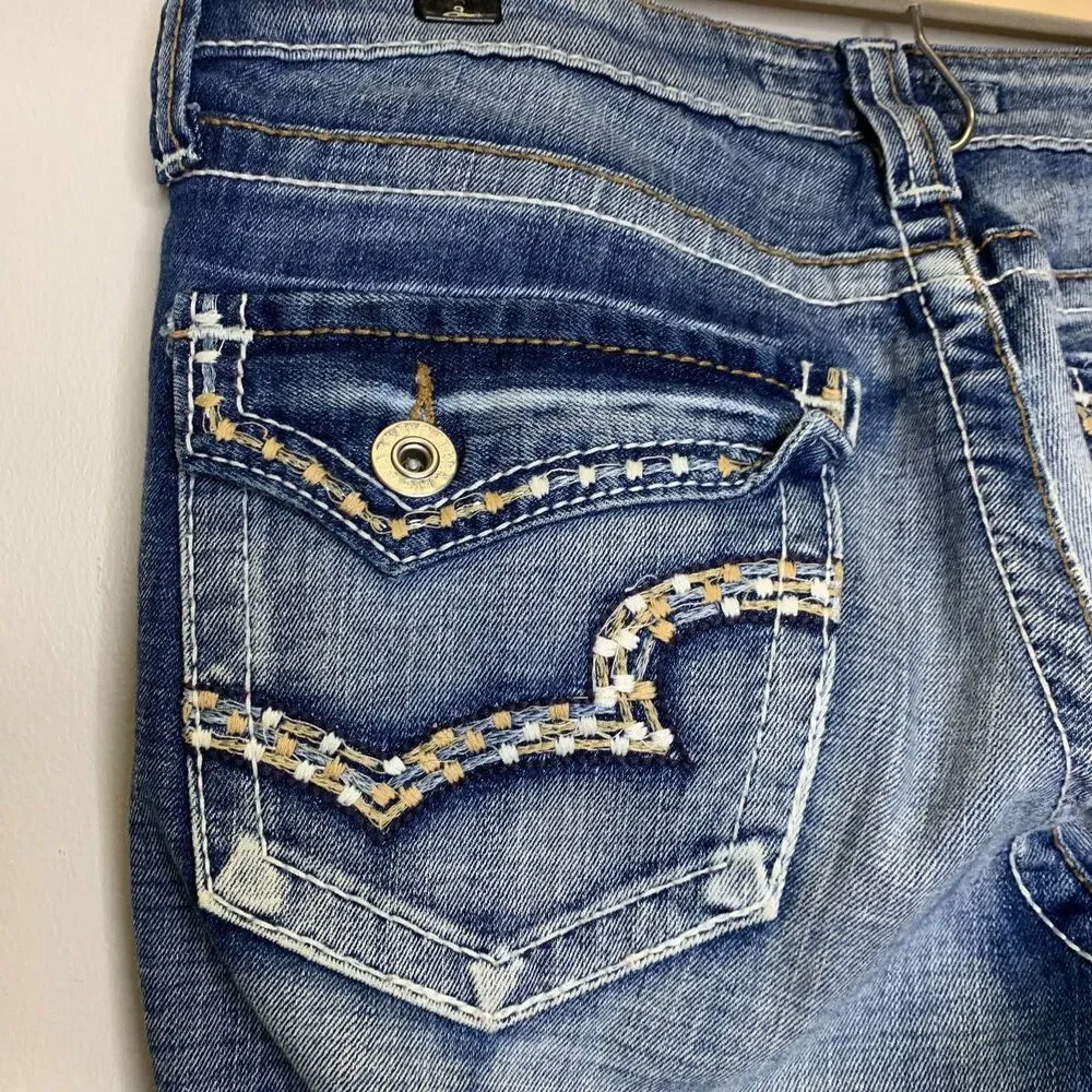 Big Star Womens Maddie Boot Mid-rise Jeans Y2K Button‎ flap Pockets Faded 33x30